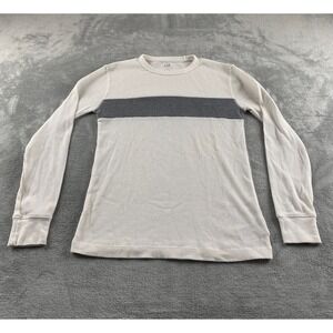 Gap XS Long Sleeve Waffle Knit Thermal Top Cream Gray Chest Stripe Crew Neck